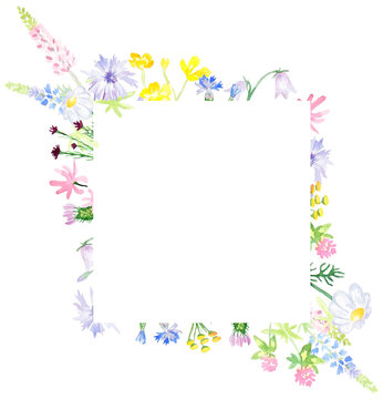 Watercolor square frame of wildflowers. Perfect in print design, souvenir products, web design, photo albums and other creative ideas.