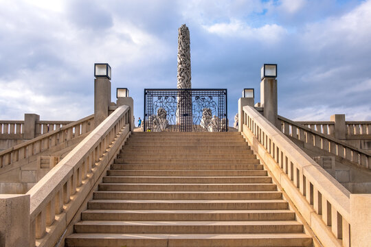 Panoramic view of The Monolith sculpture, Monolitten, in Vigeland Park open air art exhibition - Vigelandsparken - within Frogner Park in Oslo, Norway