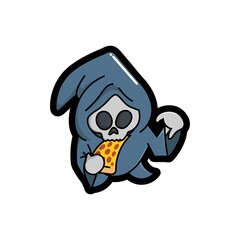 Cute grim reaper is eating pizza good for Halloween costumes, stickers, doodles, cartoon, t shirt design, childish, mascot, restaurant