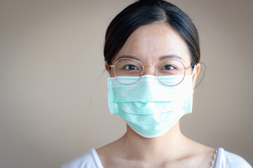 The young woman wearing the medical mask that protects against the spread of coronavirus disease.
