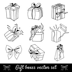 Black and white vector set of gift boxes, hand-drawn. Suitable for decoration festive products.