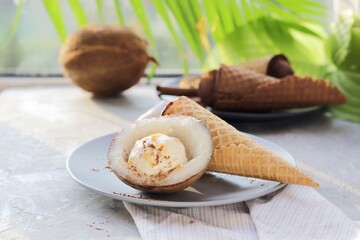 Homemade ice cream in waffle cones, coconuts on the kitchen table by the window, preparing a...