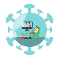Computer with group of people doing video conference. Online meeting friends. 
Virtual meeting. Video chat. Vector illustration in flat style

