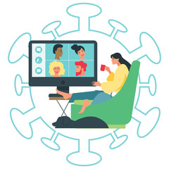 Computer with group of people doing video conference. Online meeting friends. 
Virtual meeting. Video chat. Vector illustration in flat style


