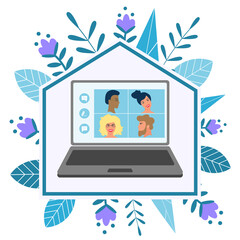 Computer with group of people doing video conference. Online meeting friends. 
Virtual meeting. Video chat. Vector illustration in flat style

