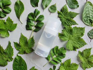 Mock-up of transparent bottle of Intimate lubricant gel and fresh leaves on a gray textural...