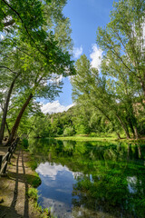 Fototapeta na wymiar Parco del Grassano, San Salvatore Telesino, Benevento, ItalyThis park is surrounded by big trees and a natural water source rich of sulfur which is good for the skin. This place is idea for kayak 