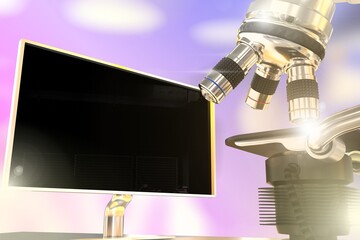 pharmaceutical discovery concept, object 3D illustration -  laboratory modern microscope and monitor with blank space for your content with flare on bokeh background