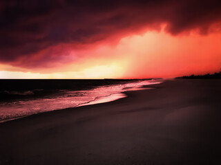 Scenic image of beach with red clouds