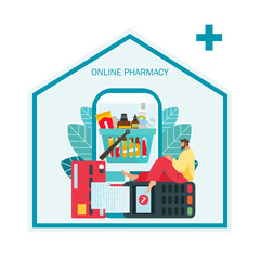 E -commerce Pharmacy vector concept medical treatment, online pill drugstore. Pharmacy delivery. Flat Cartoon Vector Illustration