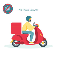 Scooter delivery service concept, male courier character in medical mask and gloves riding scooter with delivery box. Vector illustration in flat style