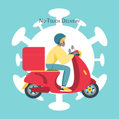 Scooter delivery service concept, male courier character in medical mask and gloves riding scooter with delivery box. Vector illustration in flat style