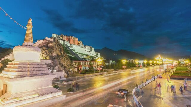 4K, 10BIT, YUV422 day to night timelapse of night scene of the Potala Palace and the traffic, Lhasa, Tibet, China