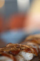 Selective focus of Foie gras sushi