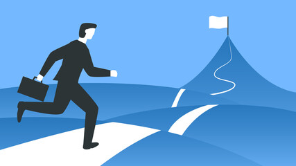 Vector illustration of a businessman with a briefcase running to the top of the mountain. Represents concept of overcoming difficulties, achieving the goal, business growing and moving forward