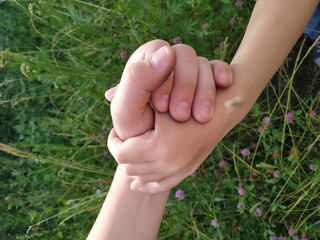 Hand clenched in front of the camera over white background.