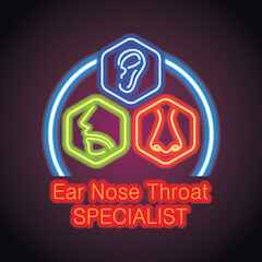 ear nose throat (ENT) neon sign plank for Otolaryngologists  clinic concept. vector illustration