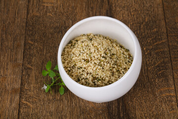Peeled hemp seeds in the bowl