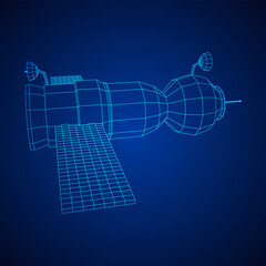 Space station communications satellite. Wireframe low poly mesh vector illustration.