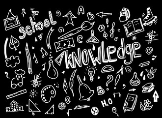 Sketchy  School doodle hand drawn elements ruler, pencil, palette, brush, chemistry, flasks, formulas, books, school lessons, knowledge, school, light bulb, geometry, triangle, doodle cartoon