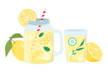 Fresh homemade lemonade in mason jar and glass. Lemonade with lemons, mint and cucumber. Summer beverage. Flat vector illustration isolated on white background