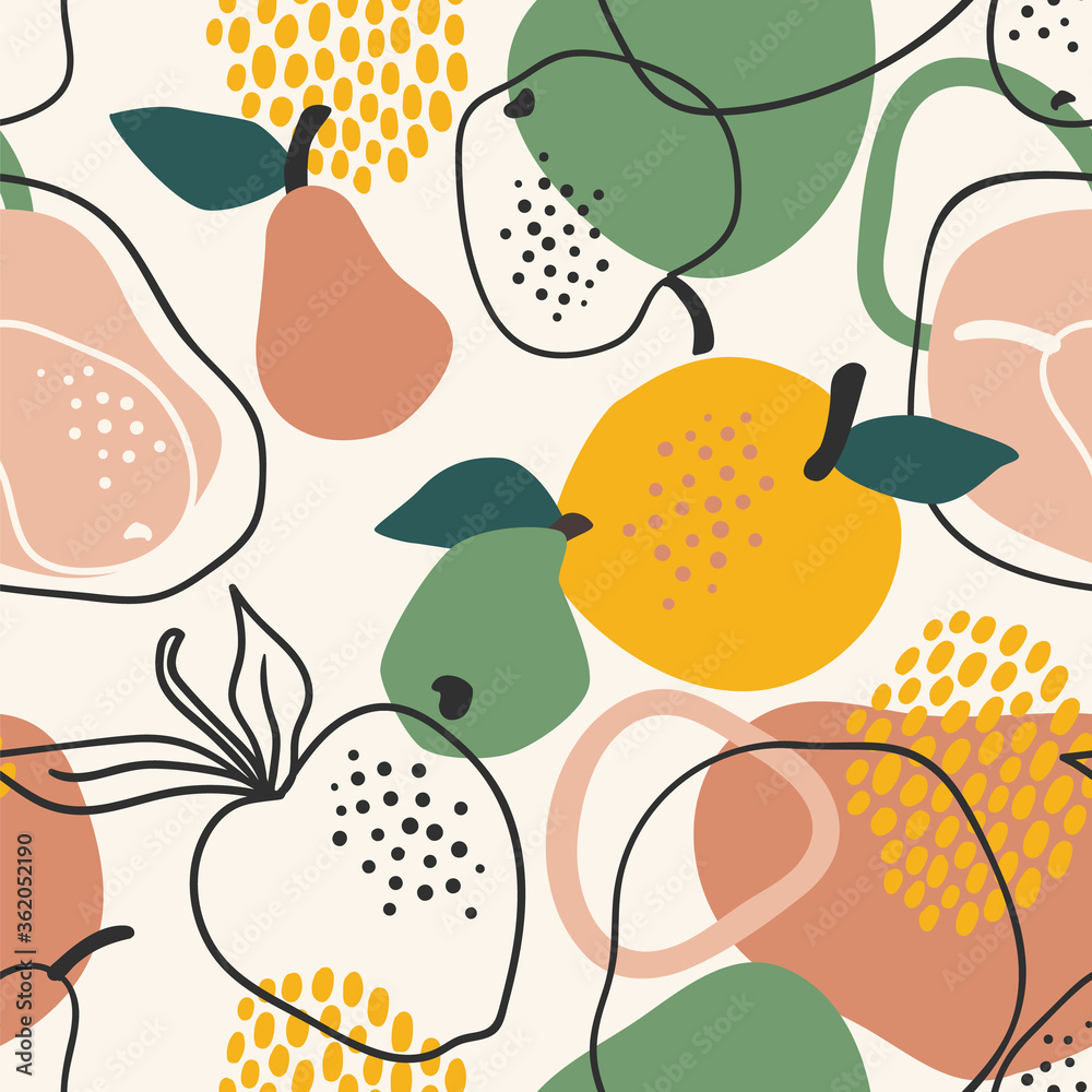 Wall mural Vector seamless pattern with apples and pears. Trendy hand drawn textures.