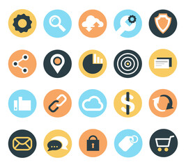 Set of modern vector flat icons. Can be used on sites, web pages and brochures. SEO and development, creative process, business and finance, office and business, security and protection, commerce.