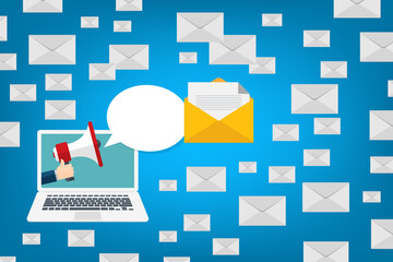 Email message and megaphone. Message reminder concept. Newsletter. Flat style vector	
