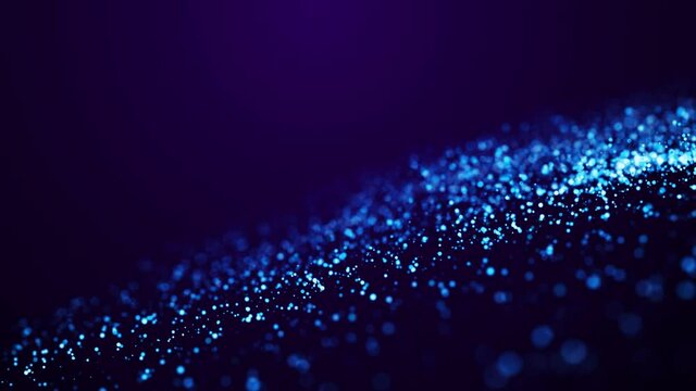 Blue glow particles float in viscous liquid with bokeh. Magical sparkles of light form abstract plane structures. Fantastic background in 4k for festive events. Luma matte as alpha channel. 3d render