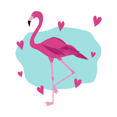 The pink Flamingo stands on one leg. Exotic bird. Vector. In the style of hand drawing.