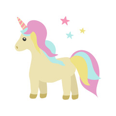 Cute unicorn in soft pastel colors. Tail and mane color of the rainbow. Vector. In the style of hand drawing.