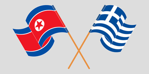 Crossed and waving flags of North Korea and Greece