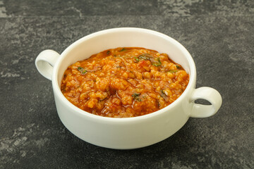 Traditional Georgian Kharcho soup with meat