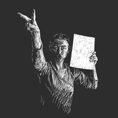 Protest. Woman with blank sign board showing V sign. White sketch on black background, Hand drawn vector illustration