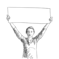 Happy woman showing blank long banner in hands raised up. Vector sketch, Hand drawn illustration