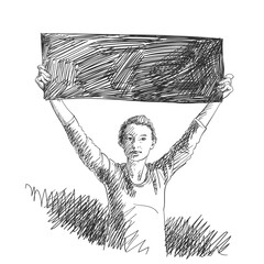 Woman showing blank black banner in hands raised up. Vector sketch, Hand drawn illustration