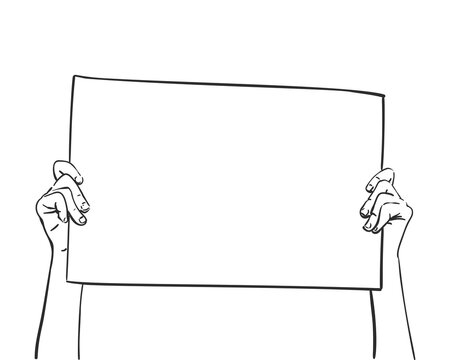 Hands holding blank banner. Vector sketch, Hand drawn illustration