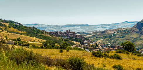 Fototapeta na wymiar The hilltop village of Petralia Soprana in the Madonie Mountains, Sicily during summer