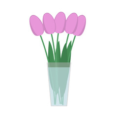 Pink tulips in a transparent glass vase. Isolated on white background. Vector illustration.