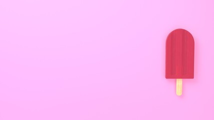 Close-up realistic art of red, fruit, juicy, sweet, fresh popsicle on wooden stick on red, pink pastel background. Isolated clip art element for design. Stock 3d rendering
