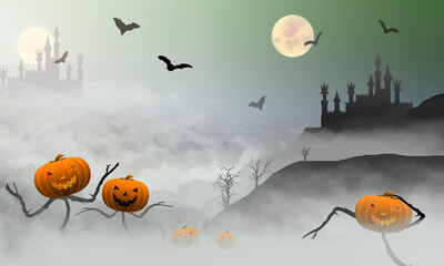 A fantasy Halloween illustration of pumpkin with stick arms in the clouds and two spooky castles in silhouette on hilltops, with a few bats and a full moon