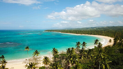 Las beach in Las Terrenas, Samaná Peninsula, Dominican Republic. Paradise beach with coconut trees in Central America - obrazy, fototapety, plakaty