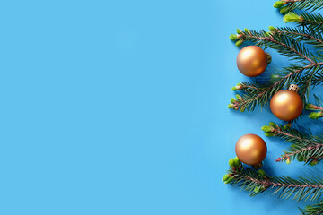 Christmas and New Year border on blue background. Fir and golden balls frame. The basis for cards...
