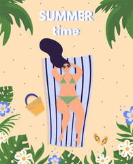 Summer time card with female character, lettering and floral frame. A woman sunbathes on the beach. Girl enjoys relaxing on the beach. Cute vector illustration in flat style.