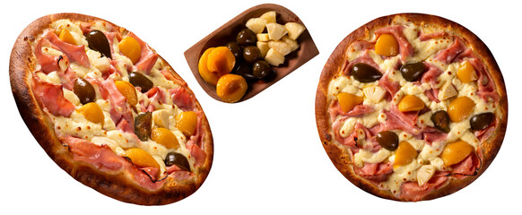 Sweet pizza with peaches, fig and pineapple on white background. Slide and Top view, close up. Traditional Brazilian Pizza