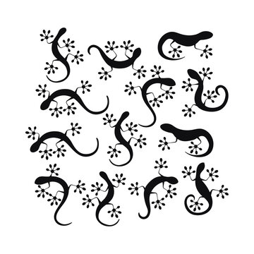 Lizard climbing balck silhouette icon set isolated on white background. Monochrome raeptile tattoo collection. Lizard gecko or salamander logo flat simple design vector illustration.