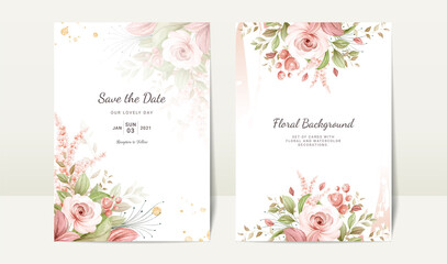 Fototapeta na wymiar Floral wedding invitation template set with brown watercolor rose and leaves decoration. Botanic card design concept