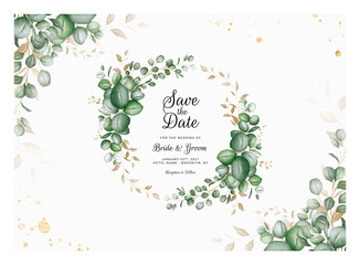 Horizontal wedding invitation template with eucalyptus wreath and border decoration. Botanic card design concept © KeepMakingArt