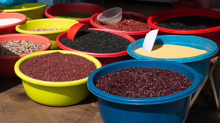 all kinds of beans on a market