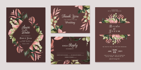Elegant wedding invitation template set with brown watercolor leaves frame and border decoration. Botanic card design concept